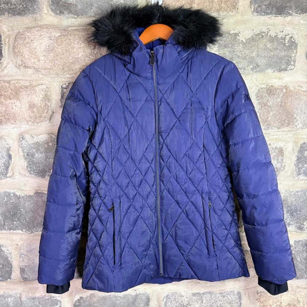 ZeroXposur Black Label Quilted Puffer Jacket Faux Fur Hood Blue Woman Large